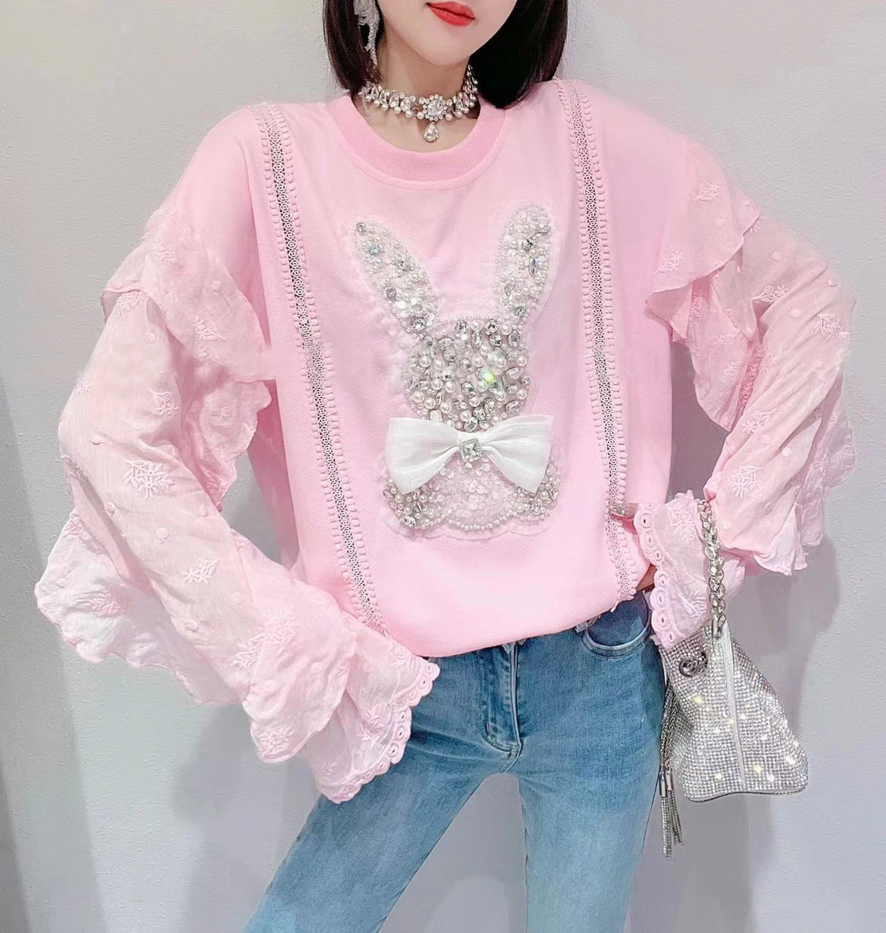 2023 Spring and Summer New Heavy Industry Beads Bow Cartoon Lace Ruffle Sleeve Loose Hoodies Pullover Long Sleeve Sweatshirt