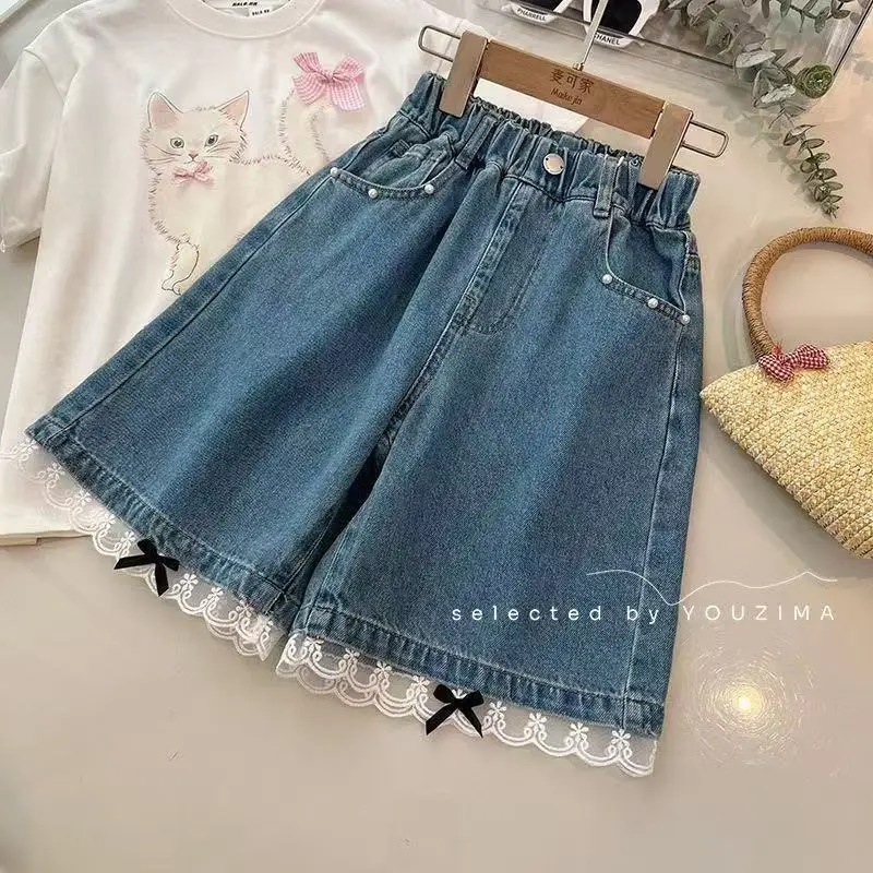 Teenager Girls Summer New Lace-trimmed Denim Knee Length Shorts Children's Bowknot Denim Mid-length Pants Five-point Pants