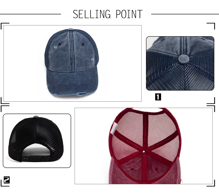 Frauen Trucker Hut Vintage Männer Outdoor Mesh Baseball Cap Sommer Casual Gewaschen Sonnenblende Hip Hop Cap Einstellbar Für Snapback – Detail 2