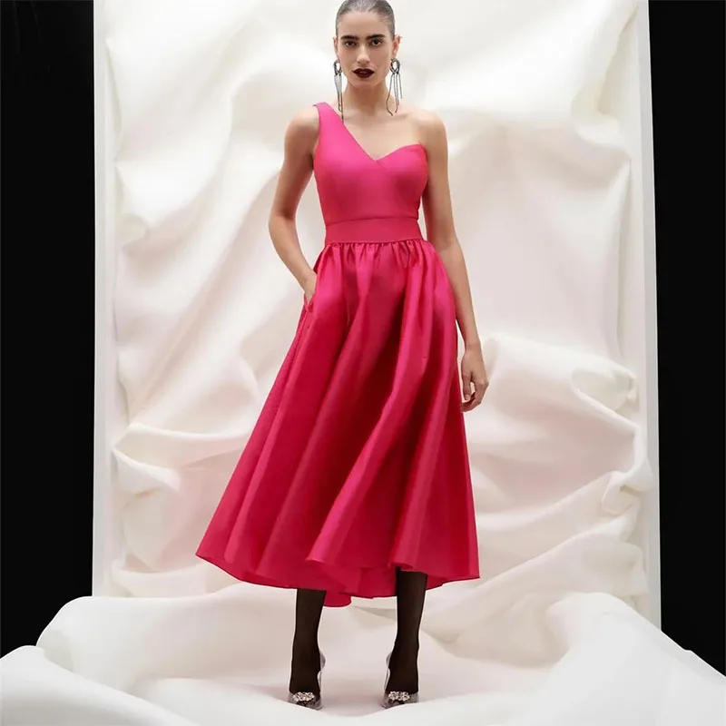 

Vintage Short Fuchsia One Shoulder Homecoming Dresses with Pockets A-Line Pleated Tea Length Prom Party Gown for Women