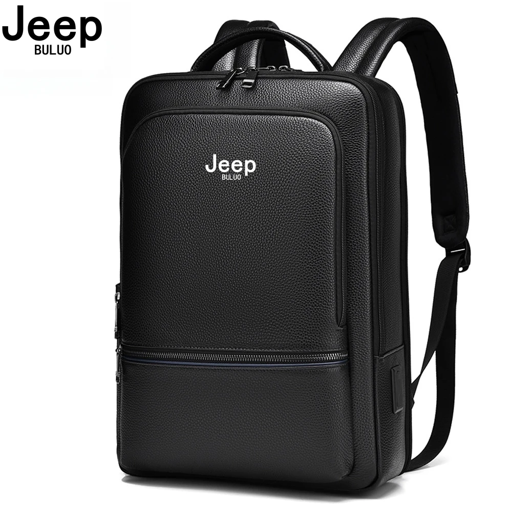 JEEP BULUO Men genuine leather backpack business casual real cow leather high quality 15.6 inches laptop travel backpacks black