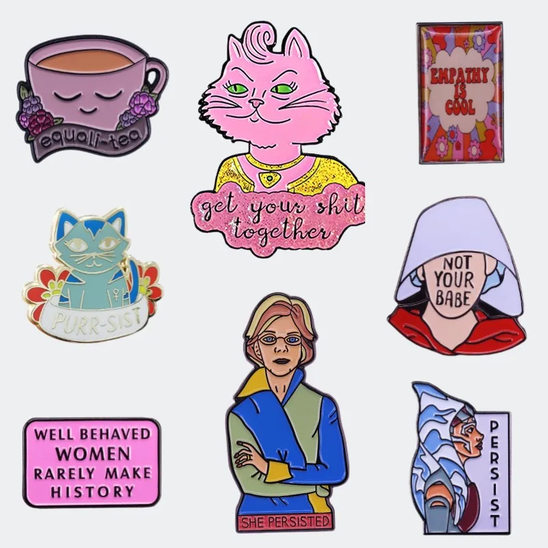 女性のエナメルピンコーヒー電源フェミニストブローチファッション高級銅ラペルバッジファッションジュエリーギフトドロップ無料