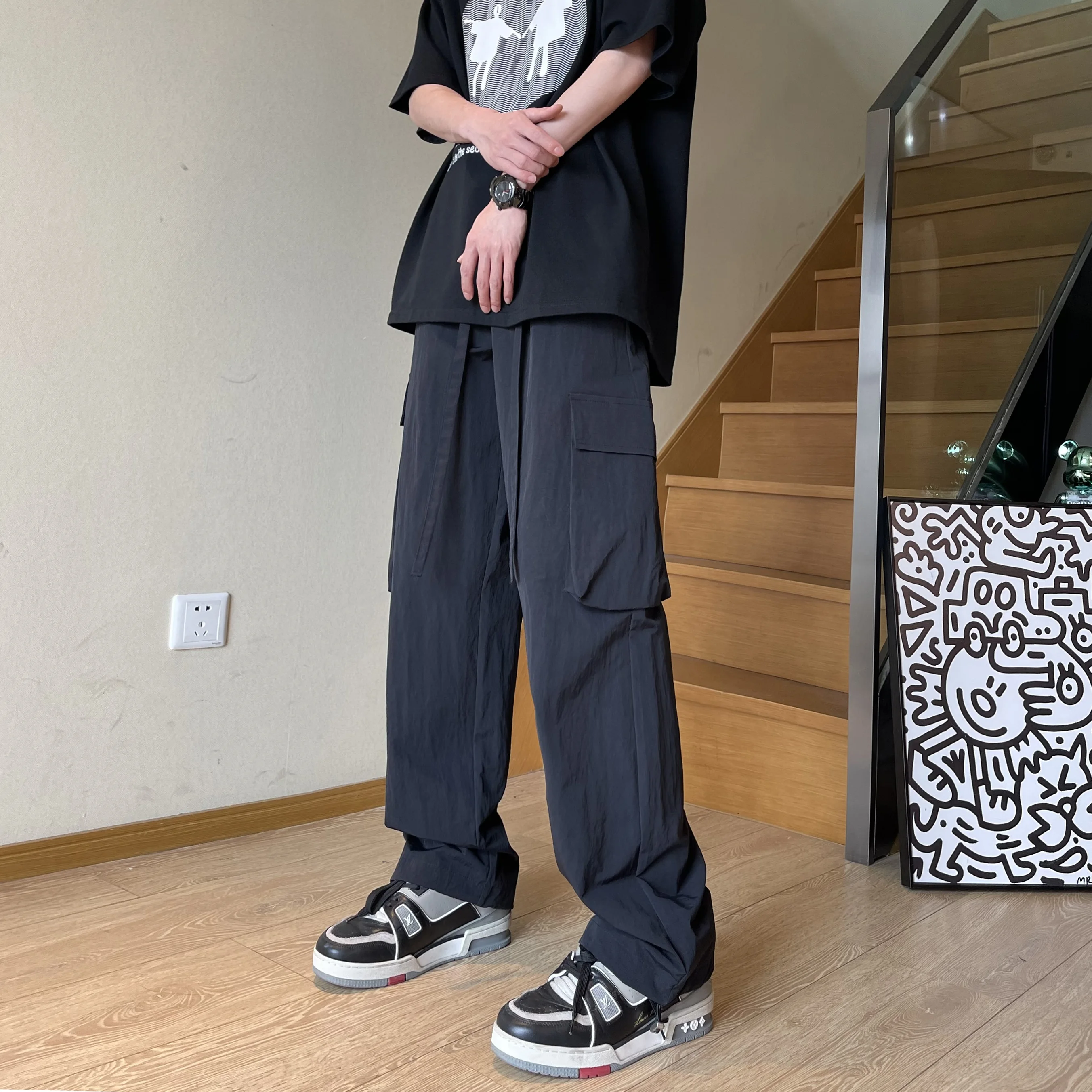 

Ice Silk Men's Summer Thin Casual Pants Qui Dry Straight Leg Loose Long Trousers Workwear Hiphop American High Street Sle