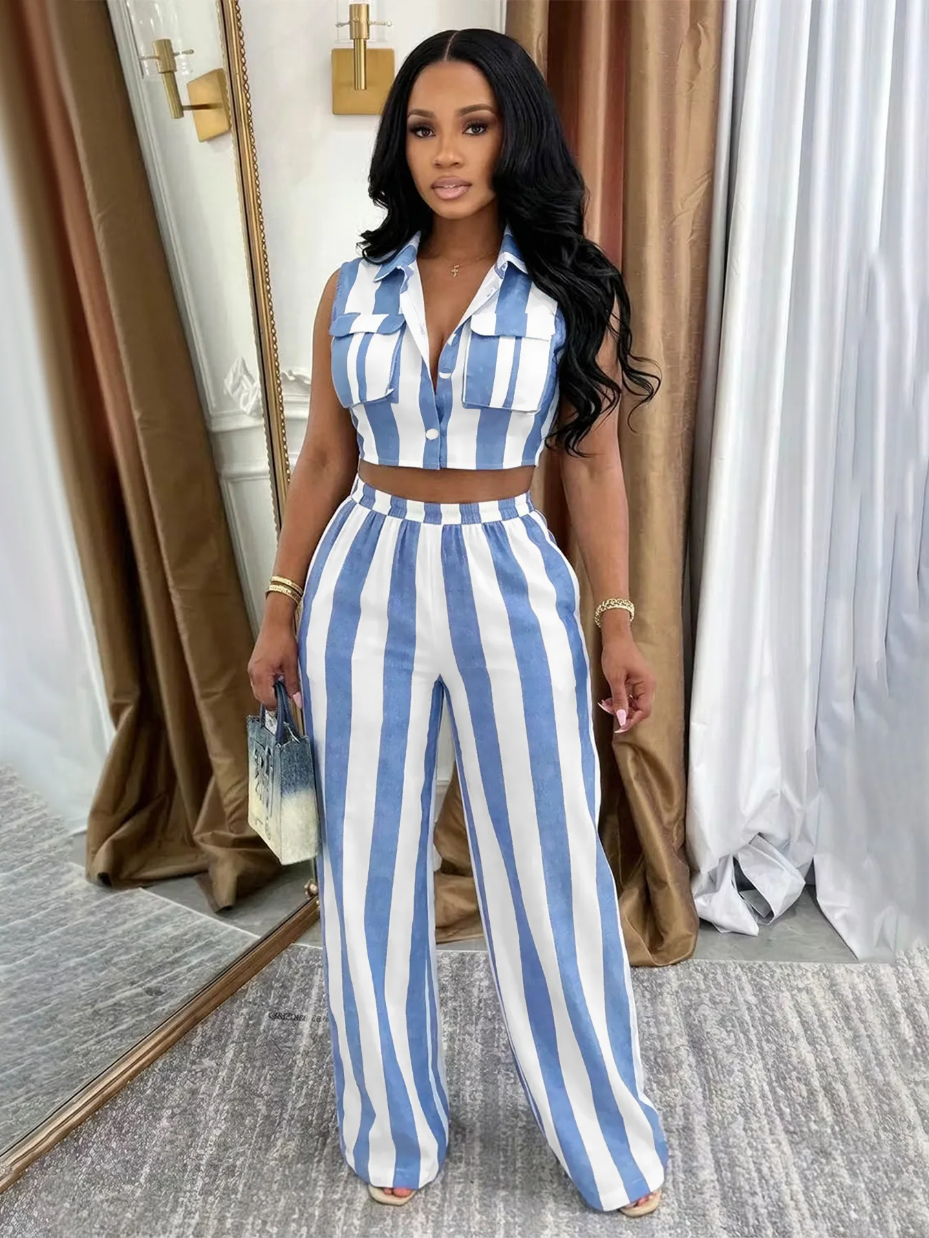 Summer New Elegant Blue White Striped 2-Piece Set for Women Casual Button-Down Crop Top + High Waist Wide Leg Pants Matching