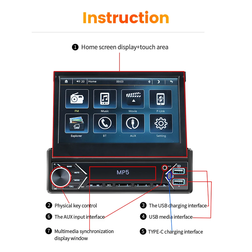 Reprodutor de Vídeo Multimídia Rádio Automóvel, Tela Retrátil, GPS Universal, WiFi, Link Espelho Áudio, BT, FM, USB, TF, 1 Din, 7