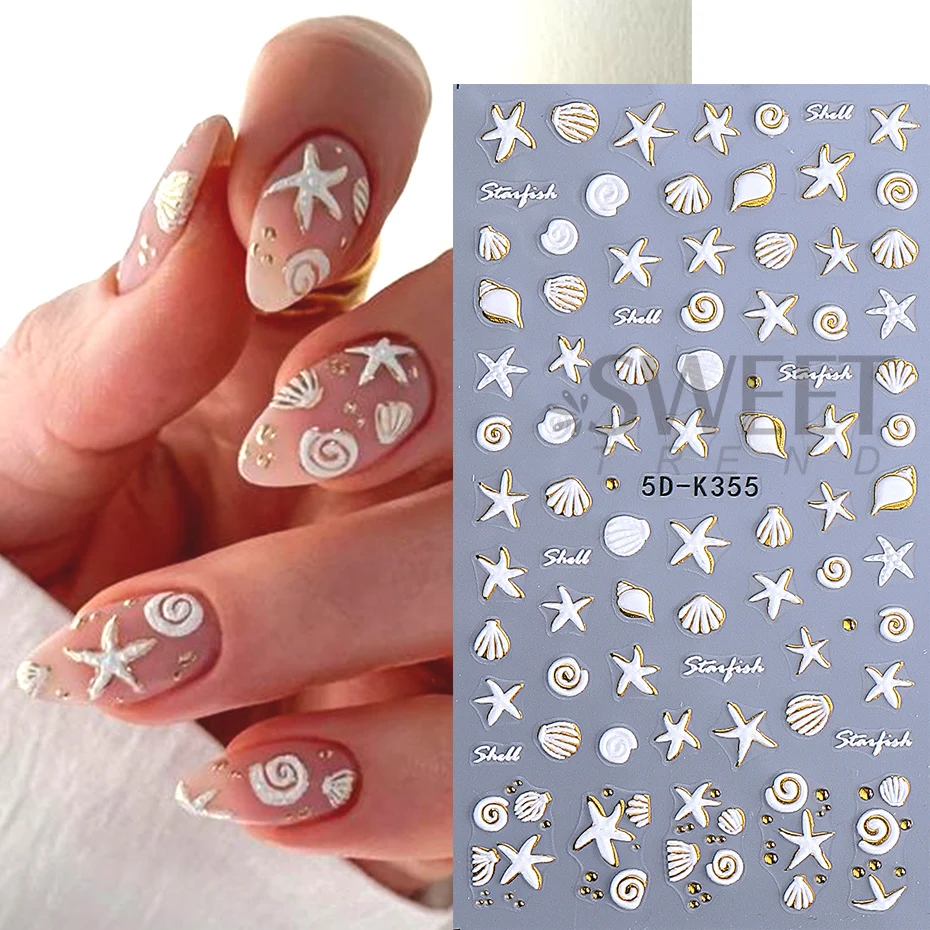 5d verão praia oceano conchas estrela do mar adesivos de unhas concha estrelas em relevo suprimentos da arte do prego decalques manicure charme decoração diy