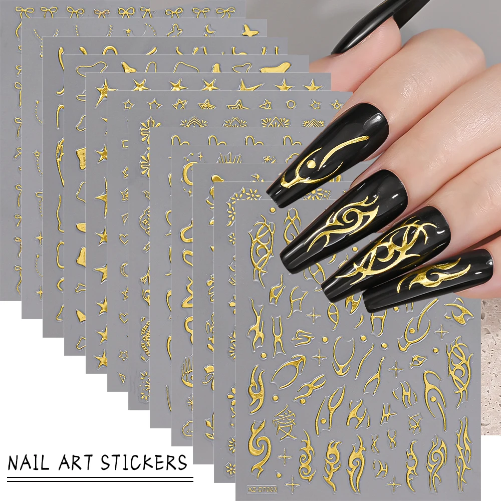 Autocollant pour ongles 3D doré bronzant, fleur de bohémien, feuilles florales métalliques rétro, décalcomanies auto-adhésives, curseur de manucure en fleurs, 1 pièce