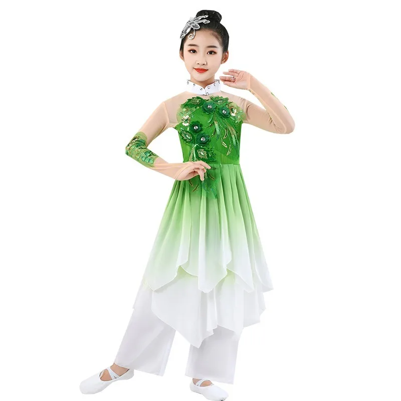 

Children's classical dance costumes Girls' jasmine yangko dance New children's ethnic fan umbrella dance costumes Elegant