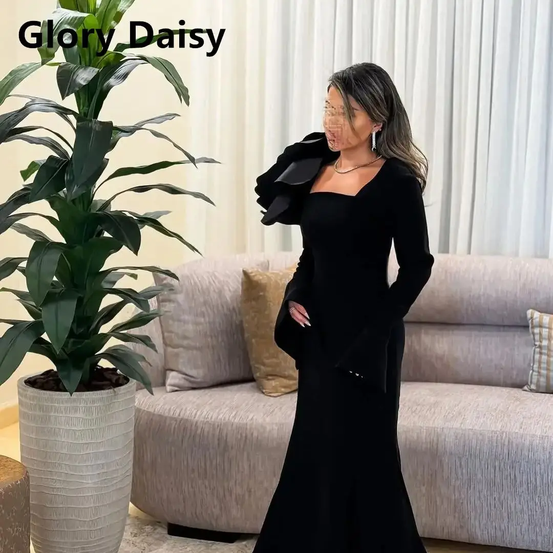 Hand Flowers Prom Dresses Satin Saudi Arabic Women Black Long Evening Dresses Floor Length Formal Occasion Party Gowns 2024