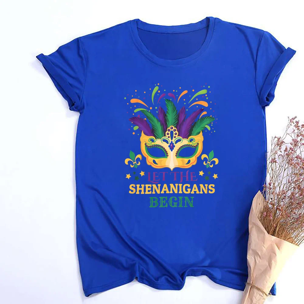 Camisa de Mardi Gras Deixe os Shenanigans comemem camisas femininas manga curta máscara de Mardi Gras camiseta máscara gráfica engraçada camiseta superior