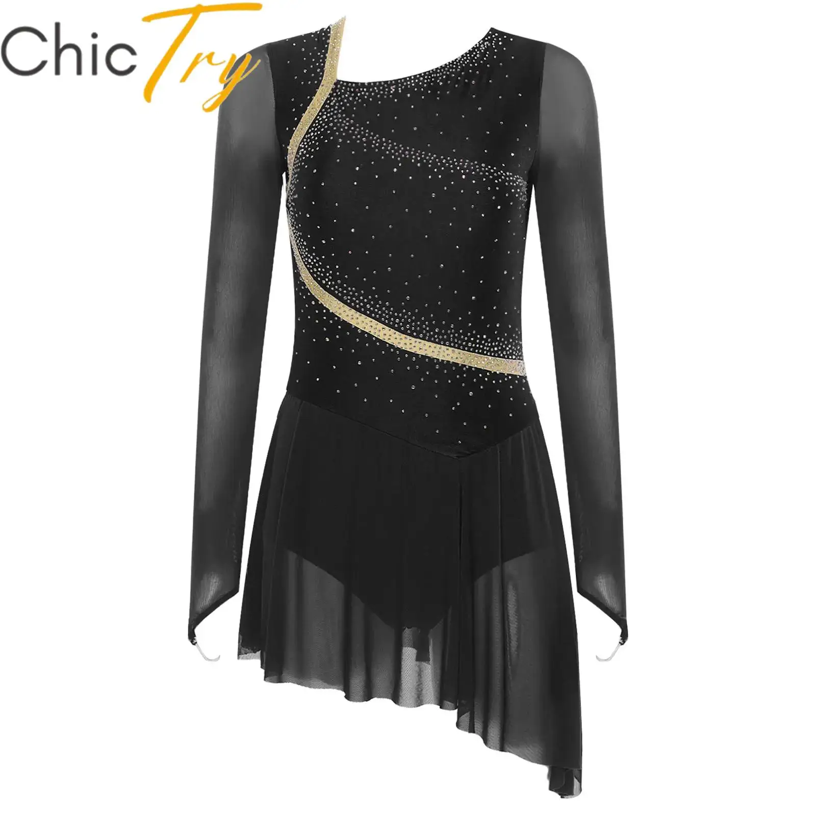 

Womens Lyrical Dance Dress Figure Skating Performance Costume Sheer Long Sleeves Backless Rhinestones Ballet Dress Dancewear