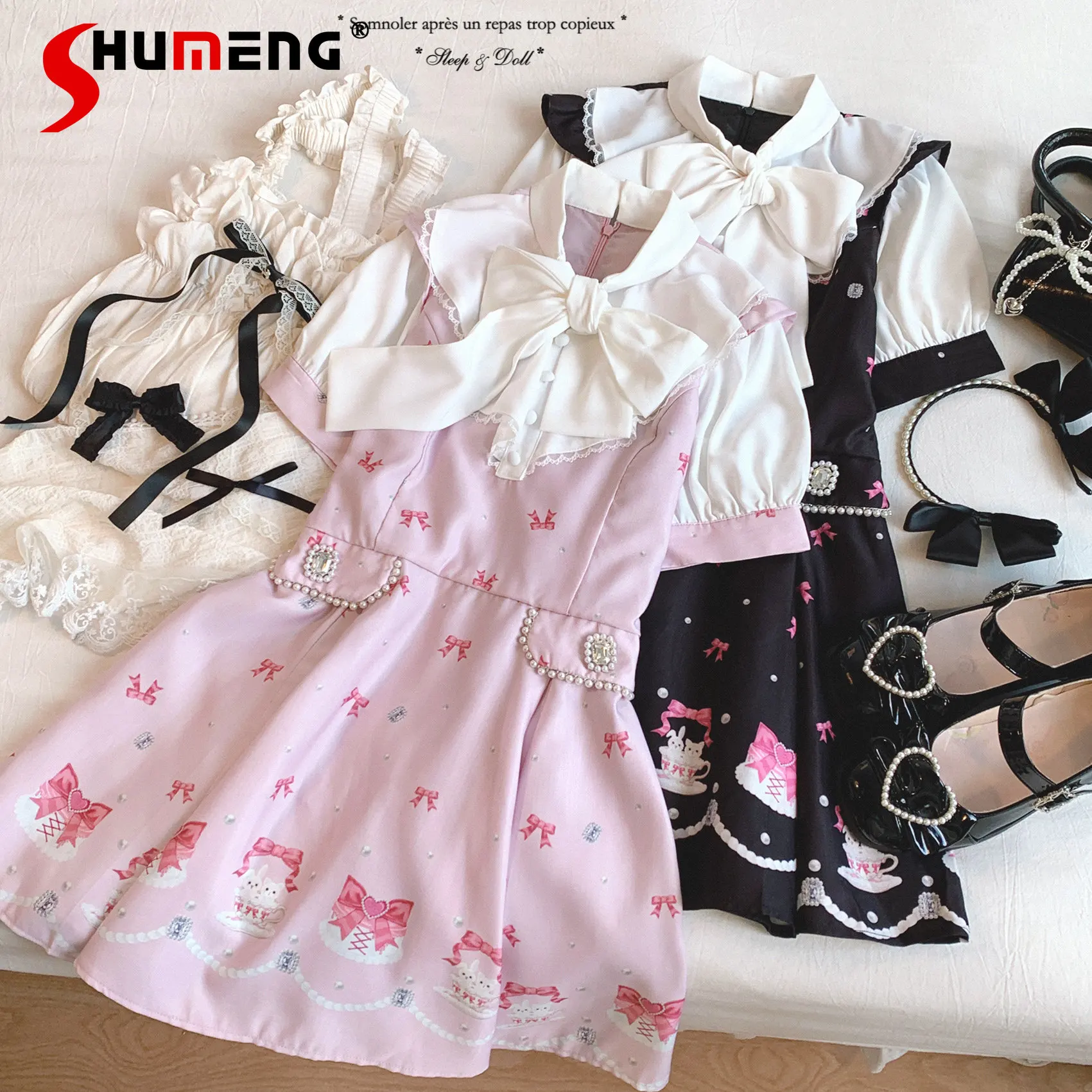 

Japanese Style Mine Sweet Lolita Dress Kawaii Girls Cute Bow Lace-up Print Casual Dress OP Summer New Y2k Dresses for Women