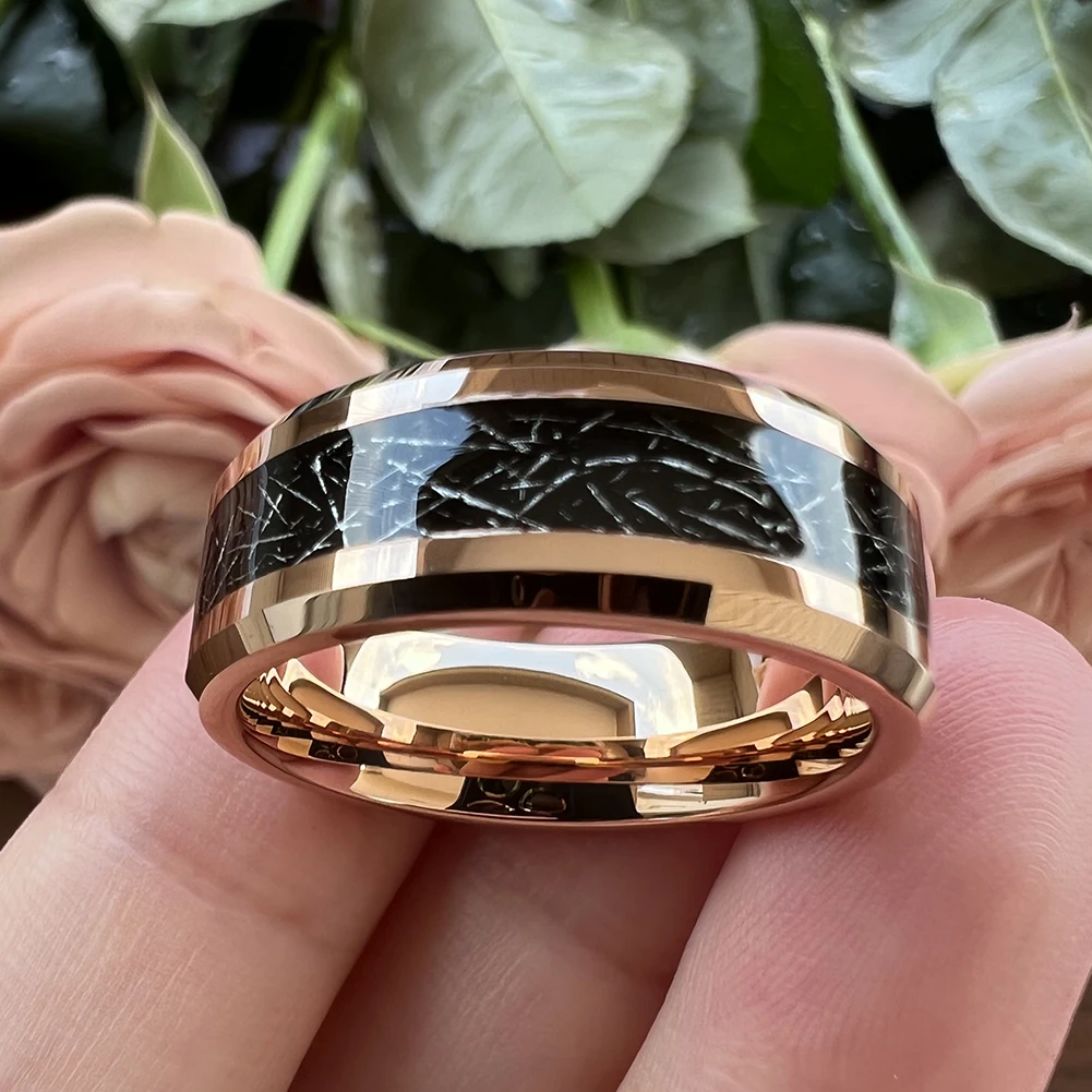 8mm Wholesale Meteorite Inlay Tungsten Ring Men Women Fashion Engagement Wedding Band Beveled Polished Shiny Jewelry – Detail 1