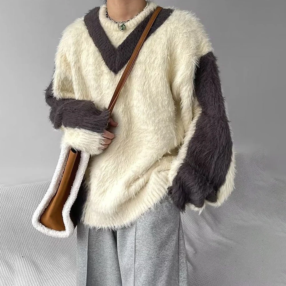 

Новый зимний мужской свитер с цветовыми блоками, длинный рукав, в американском ретро-стиле, модный, трендовый, простой, повседневный, свободный, нишевый мужской топ