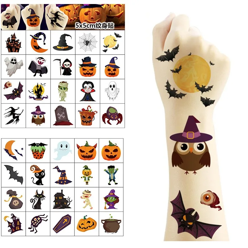 20Pcs New Halloween Temporary Tattoo Stickers Pumpkin Bat Candy Ghost Fake Tattoos Stickers Waterproof Funny For Kids Gift