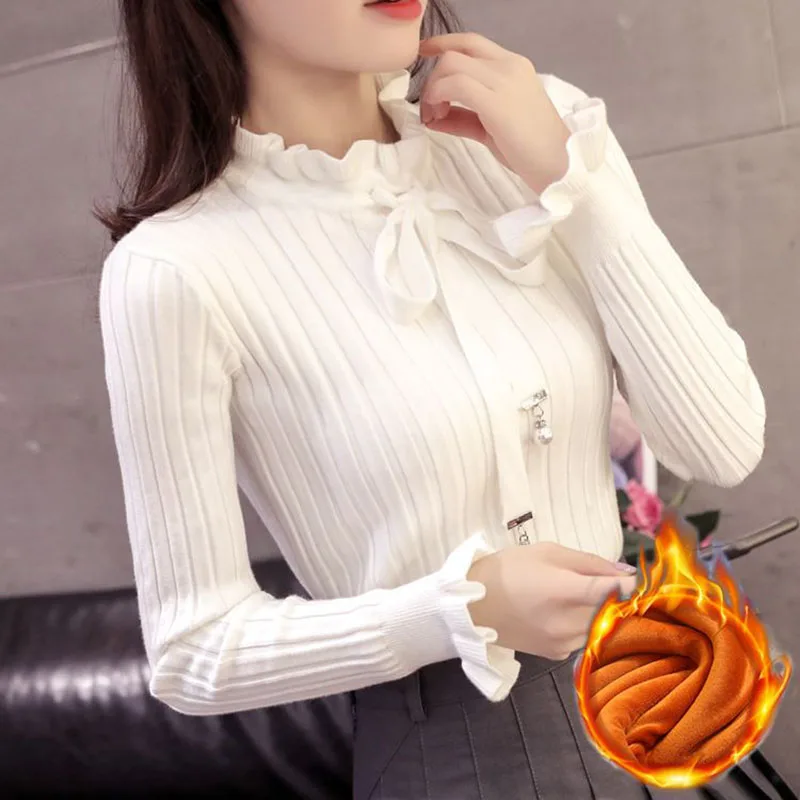 Butterfly knot new velvet knit sweater autumn and winter Korean version long sleeved slim fit pullover sweater