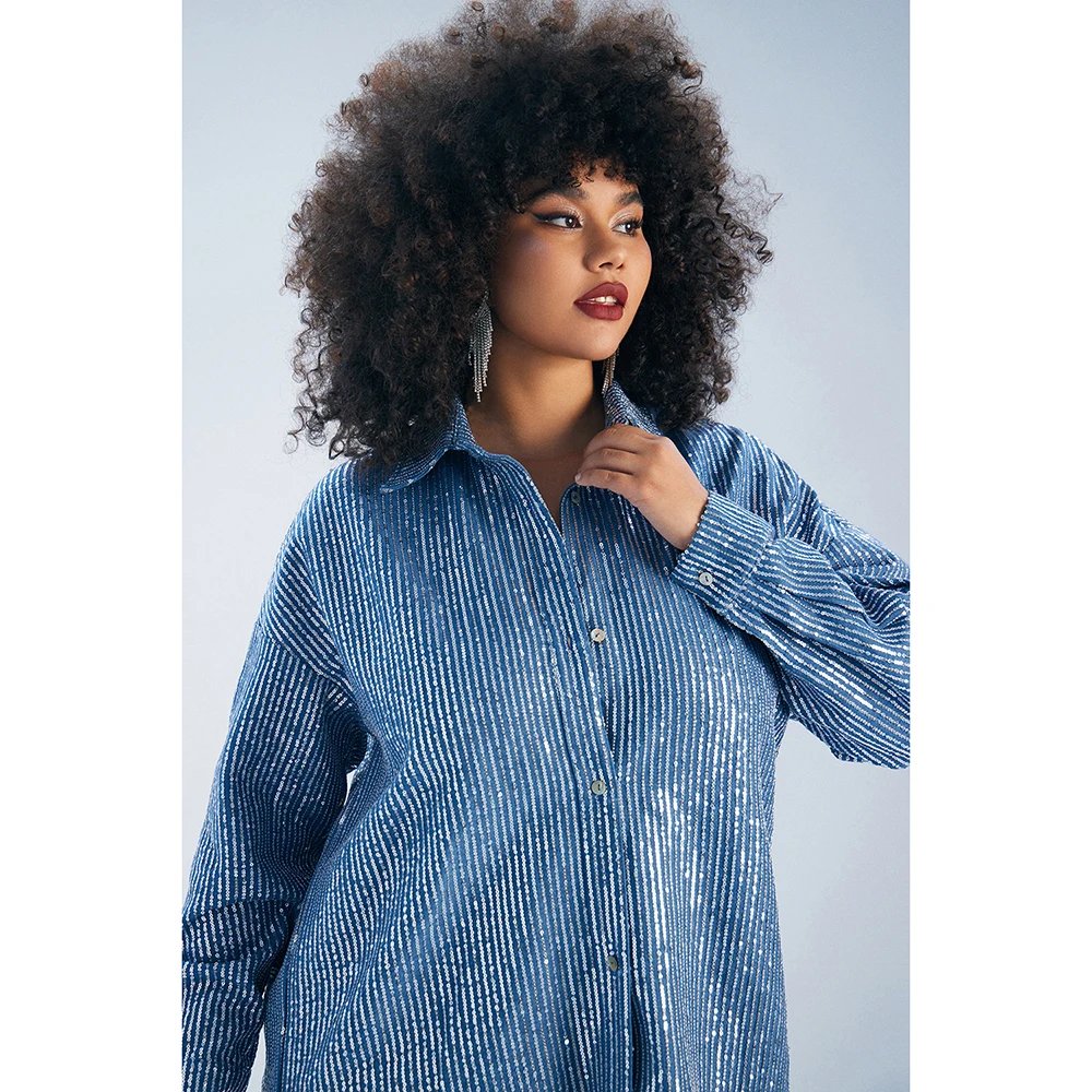 Mini Robe Décontractée en Denim Bleu à Paillettes, Grande Taille, Col Chemise, Manches sulf, Automne Hiver, 03