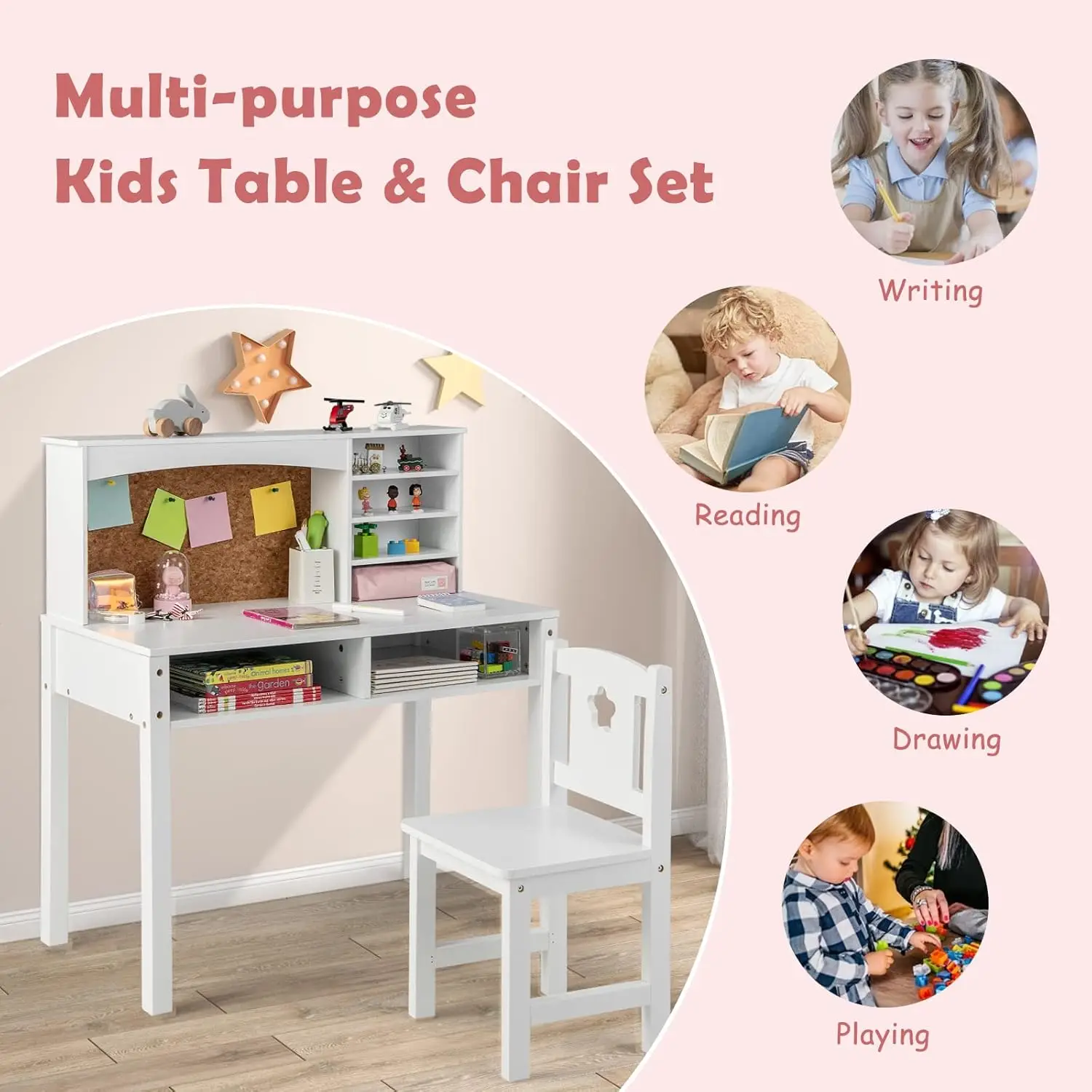 Kids Desk and Chair Set, Wooden Study Desk with Storage, Hutch, Bulletin Board, Ideal for Study Room, Bedroom, School, White