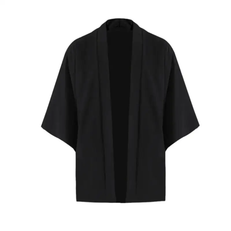 Men's Japanese Black Kimono Jacket Set Open Front 3/4 Sleeve Coat with Trousers Asian Chinese Style Printed Cardigan Suit