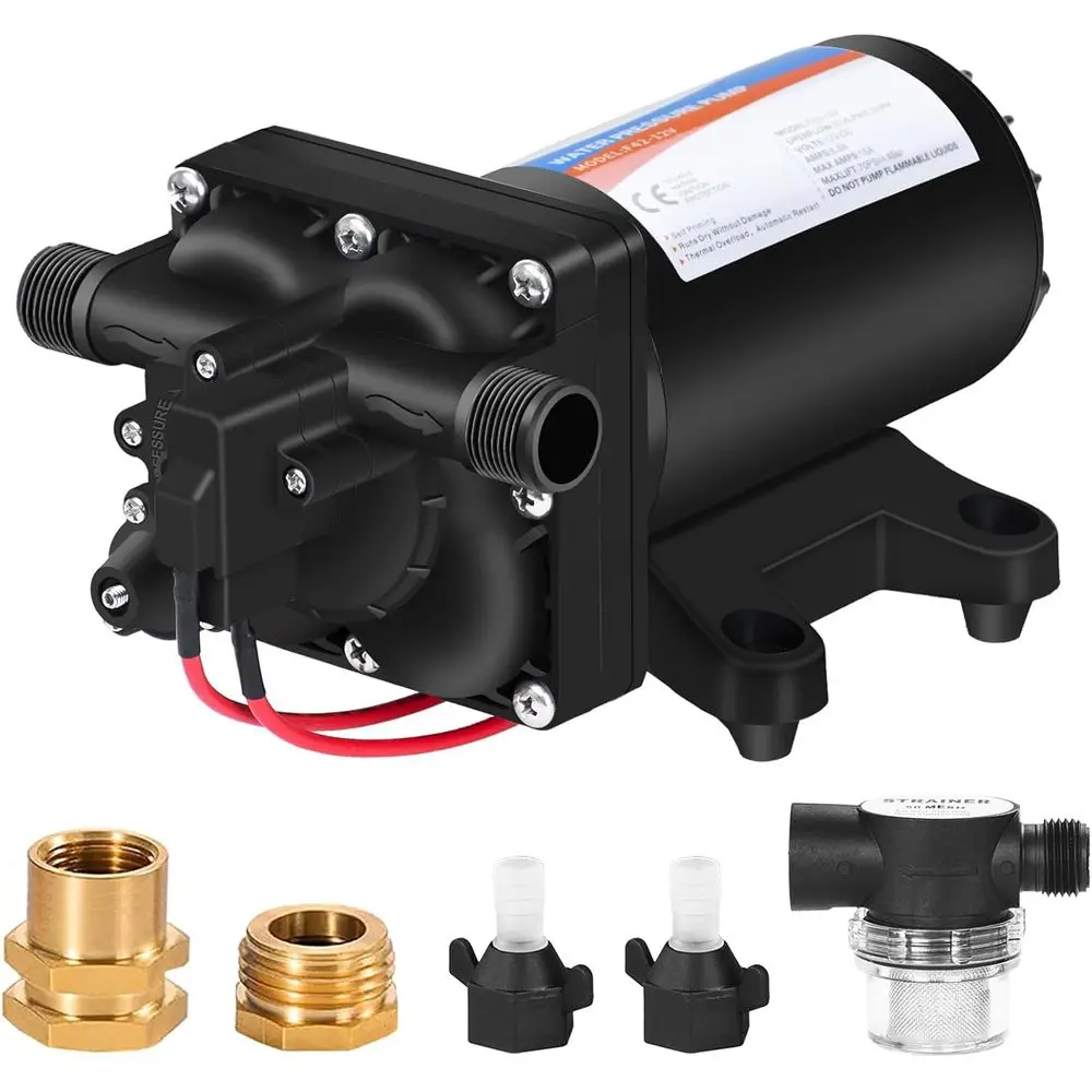 

Насос под давлением для пресной воды на колесах, 12 В, 5,5 галлонов в минуту, 70 фунтов на квадратный дюйм, самовсасывающий водяной насос, 12 В, включает адаптеры для садового шланга 3/4 дюйма для Ya