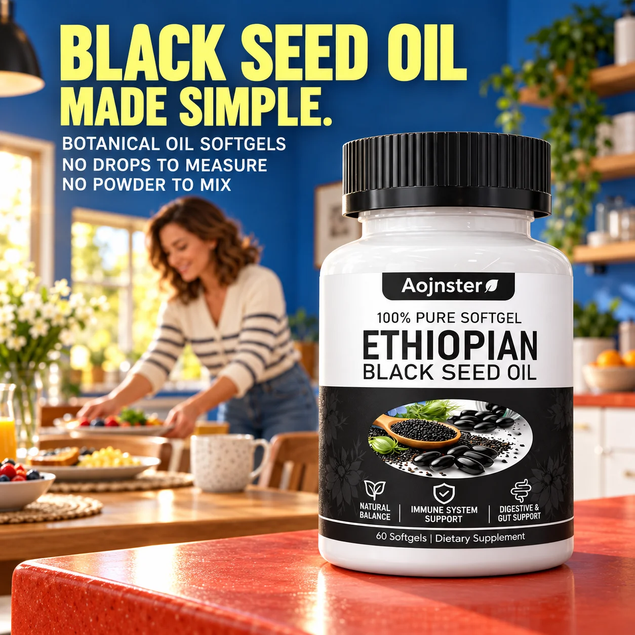 Aojnster Organic Cold Pressed Ethiopian Black Seed Oil Capsules, Contains Thymoquinone, Natural Source Dietary Supplement, 60 Softgels