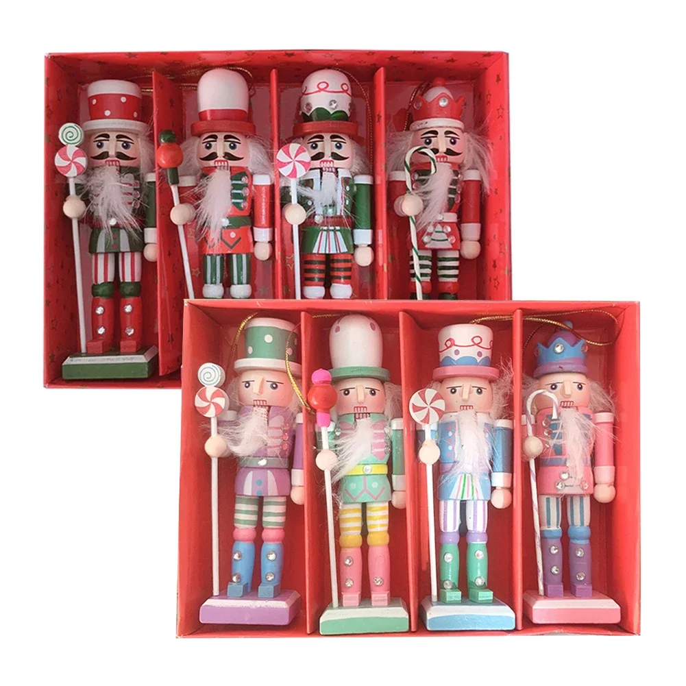 4pcs 12CM Nutcracker Soldiers Christmas Ornaments Colorful Wooden Handcraft Nutcracker Puppet Figures Christmas Home Decorations