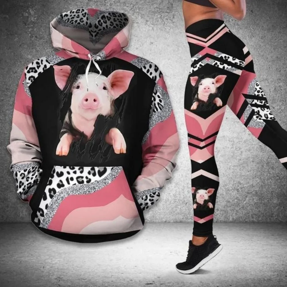 2025 New Personalized Street Fashion 3D Printing Cute Pig Girl Sweater Set - Hoodies - Funny Fashion Sweatshirts Leggings Sexy O