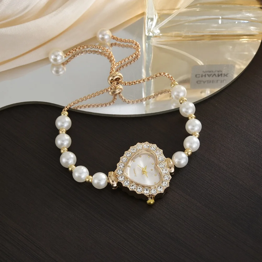 Elegant Heart-shaped Bracelet Watch Pearl Diamond-Studded Case Quartz Watch Gift Adjustable Chain Ladies Watch Girls