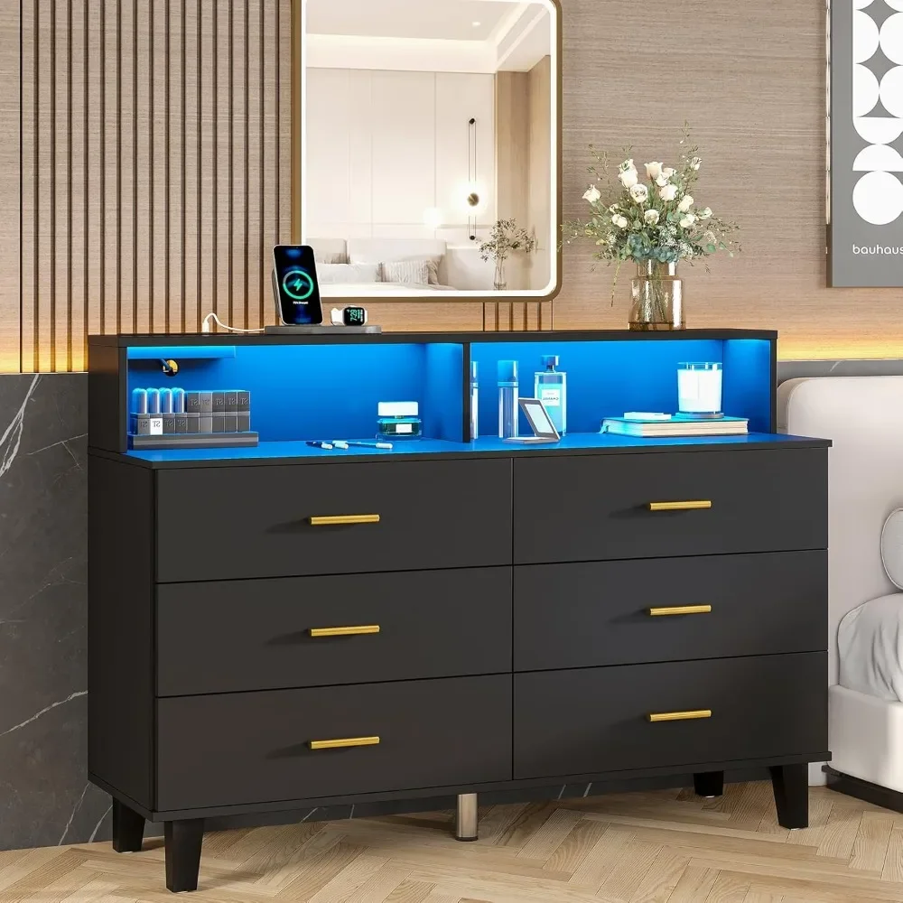 

6 Drawers Dresser with LED Light and Power Outlet, Wood Dressers for Bedroom & Chests of Drawers, Large Double Dressers for Bedr