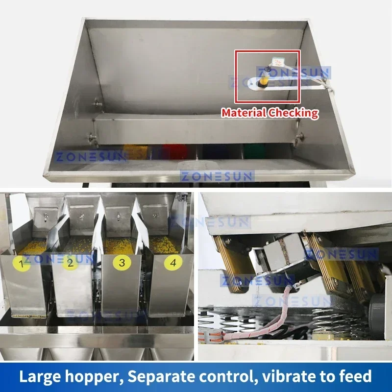 ZONESUN Automatischer Granulatfüller, Waage, 4 Köpfe, Nüsse, Bohnen, Getreide, Samen, Partikelflaschen, Wiege, Abfüllmaschine ZS-GW4