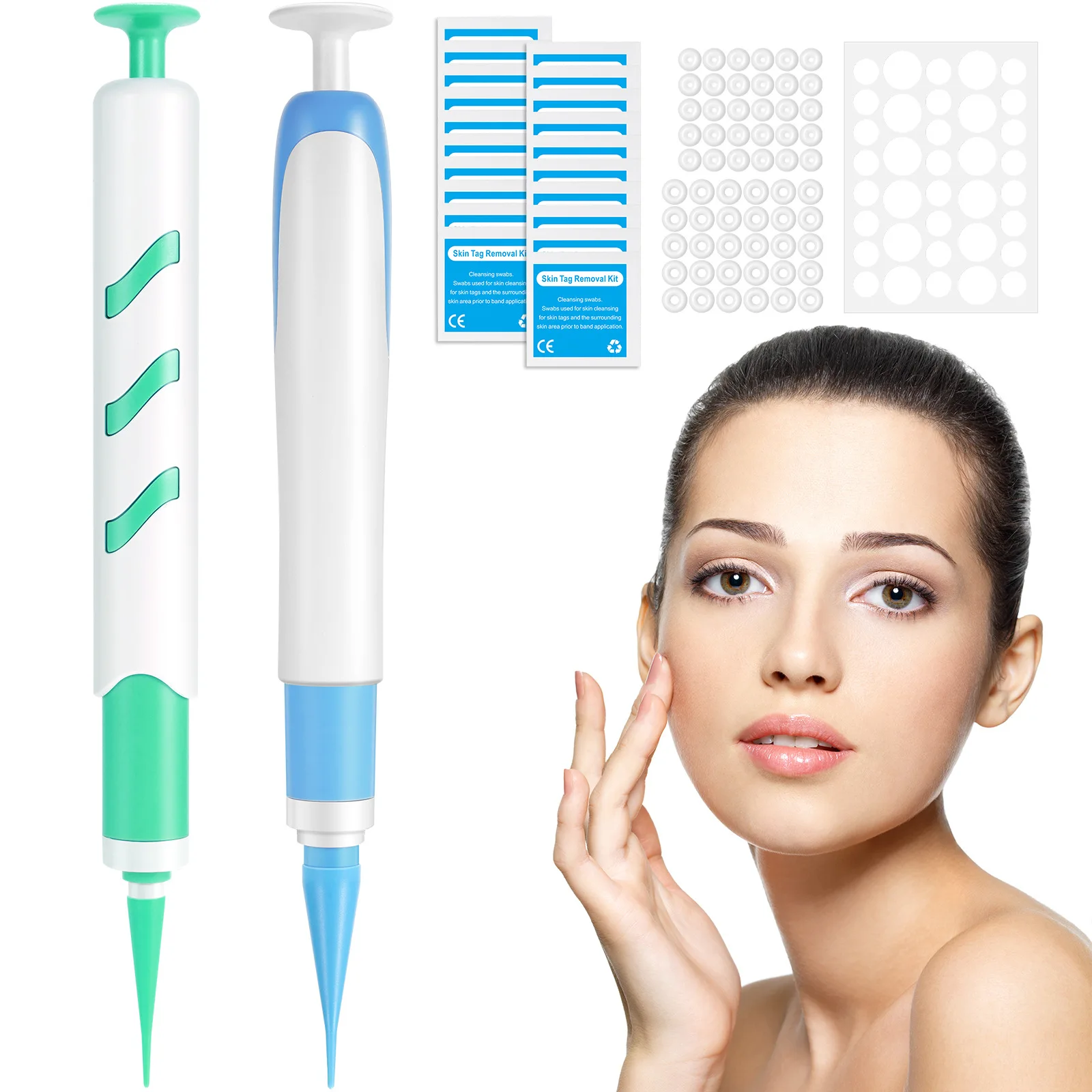 2-IN-1 Auto Skin Tag Removal Tool Kit Painless Skin Label Mole Acne Wart Removal Pen with Cleansing Swabs Facial Skin Care Tool