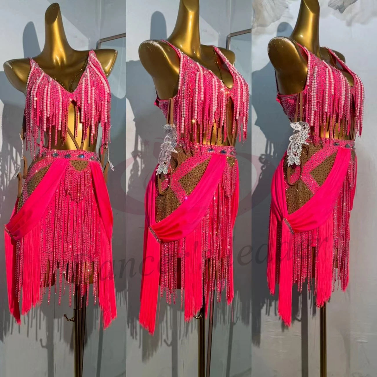 

Latin Dance Water Diamond Female Adult Children High end Customized Hollow Pearl Diamond Stripe Tassel Samba Performance Dress