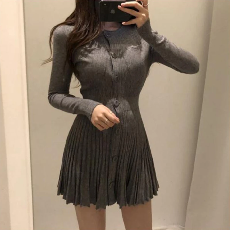 MEXZT Knitted Pleated Mini Dress Women Vintage Black Sweater Dresses Winter Korean Elegant Long Sleeve Pink Bodycon Vestidos New