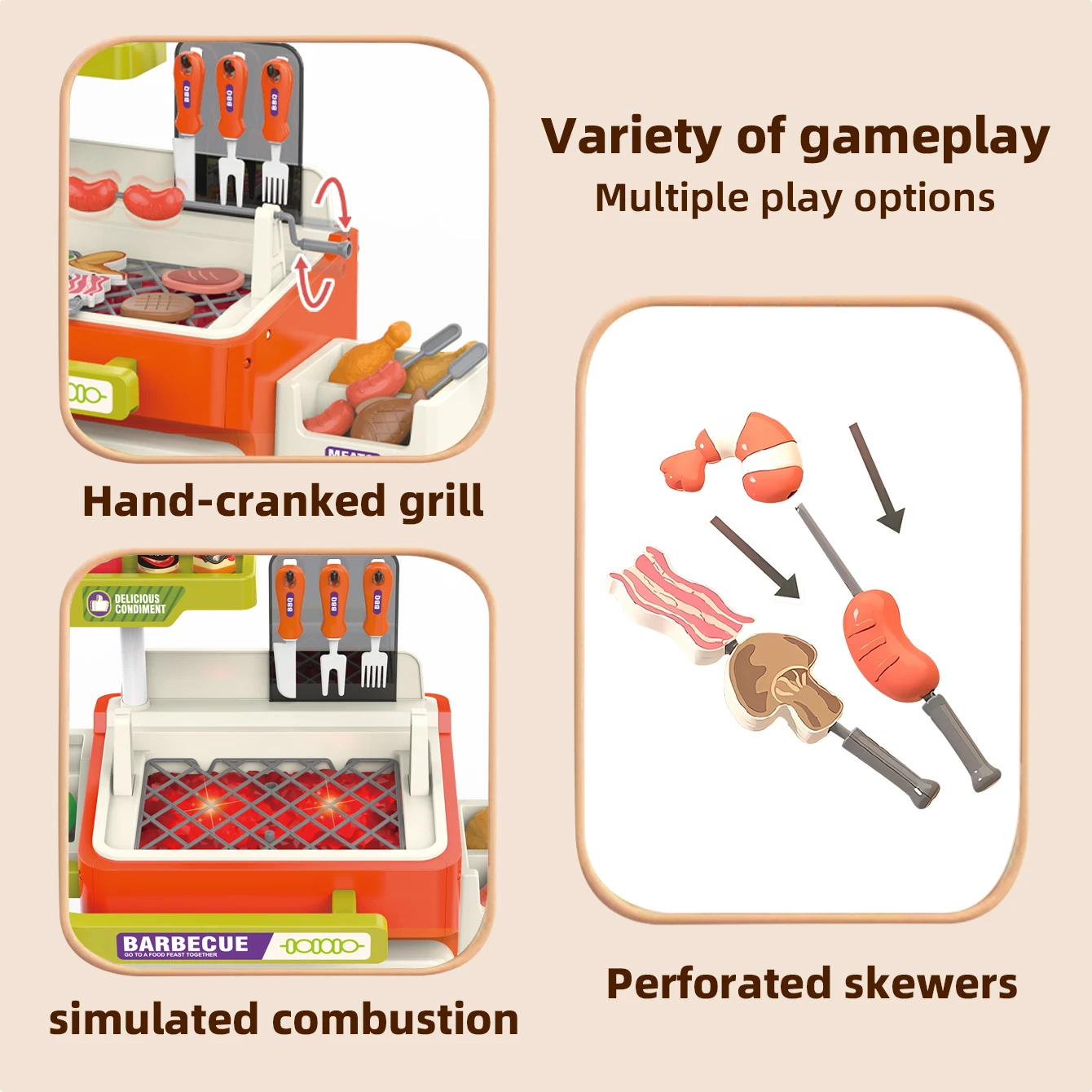 어린이 역할놀이 시뮬레이션 바베큐 그릴 장난감 BBQ 세트, 바베큐 및 꼬치 음식 트롤리