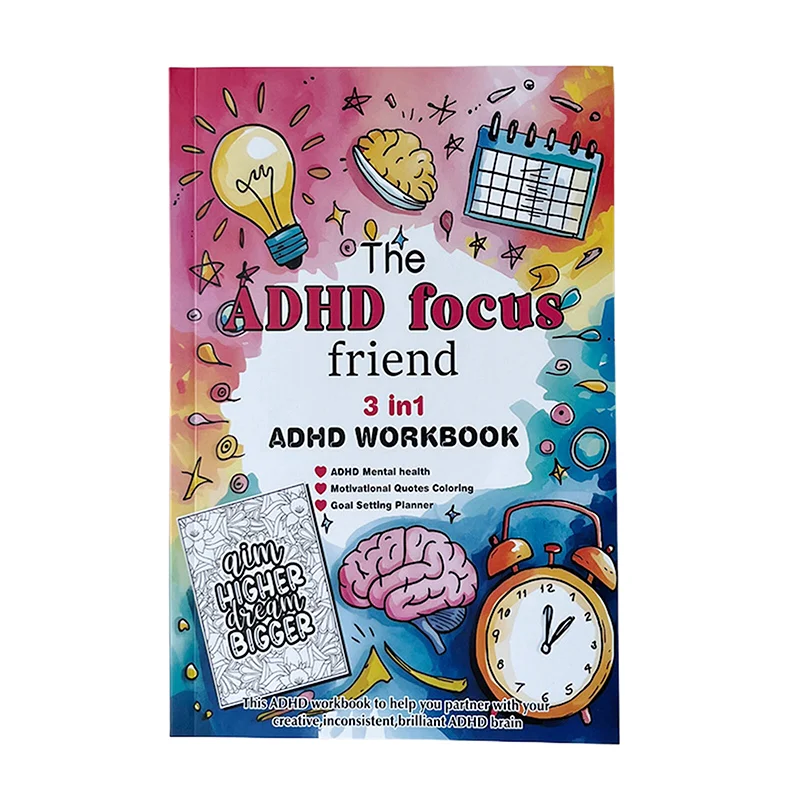 ADHD Focus Friend 3 In 1 ADHD Workbook จิตสุขภาพเป้าหมาย Planner พร้อมกิจกรรมและภาพประกอบสมุดระบายสีสําหรับผู้ใหญ่