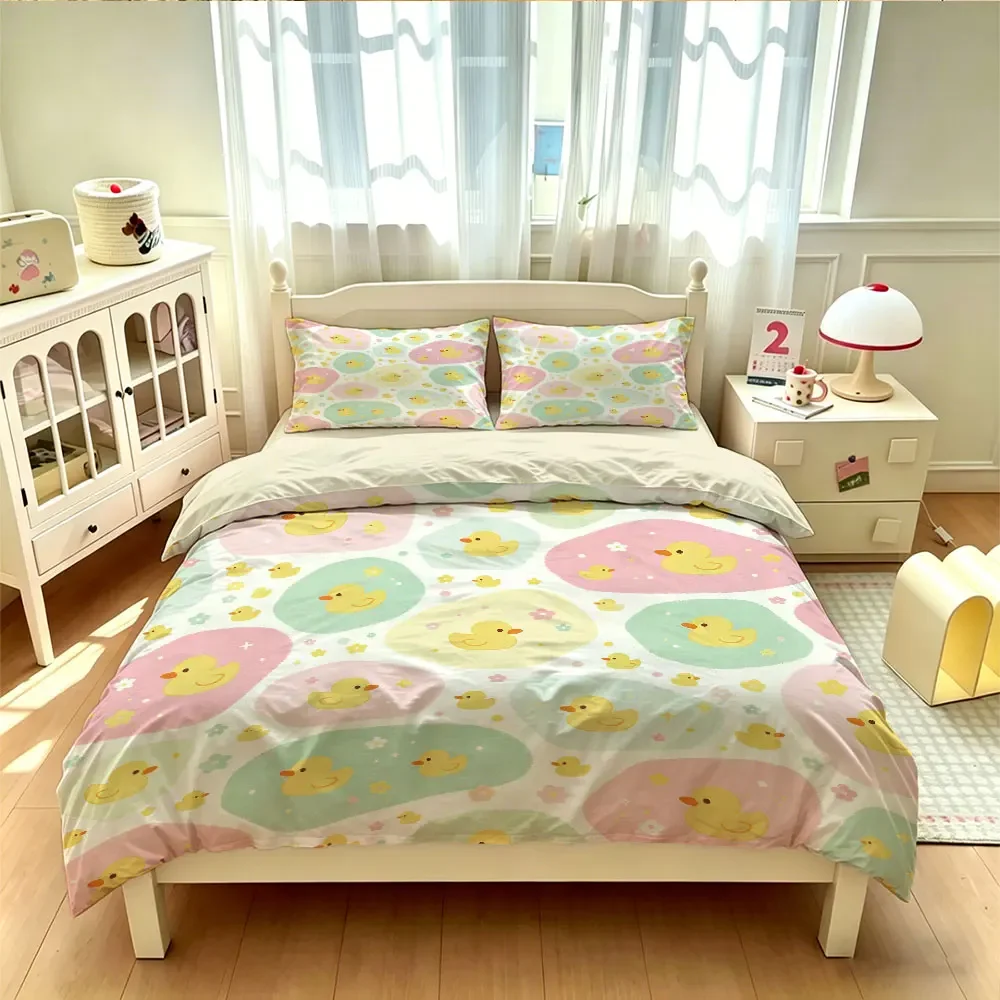 A 3-piece set of Macaron-colored small yellow duck bedding sets, which are coreless, soft machine washed bedding decoration