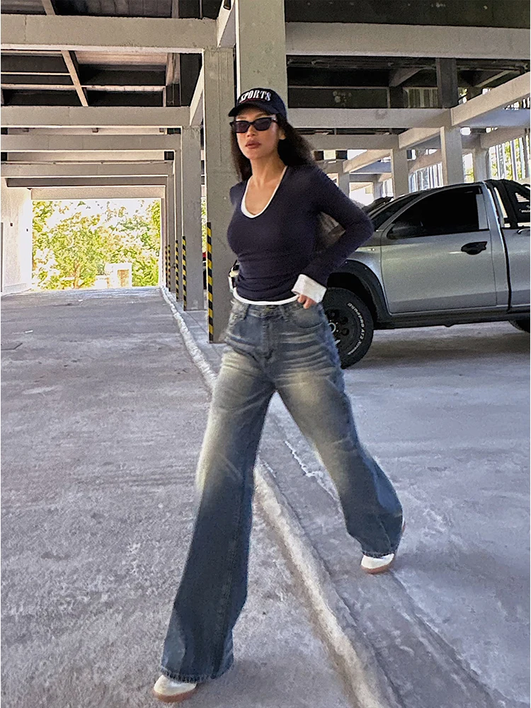 

Waed out Vintage High Waist Bell Bot Jeans Thiened Extended Length Blue Denim Pants for Tall Women Autumn Season Strai...