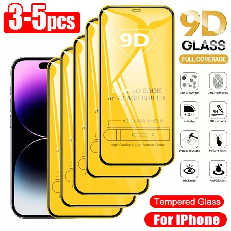 3-5PCS 9D Black edge Screen Protector Tempered Glass for iPhone 11 12 13 14 Pro Max Protective Glass for IPhone X XR XS MAX 7 8