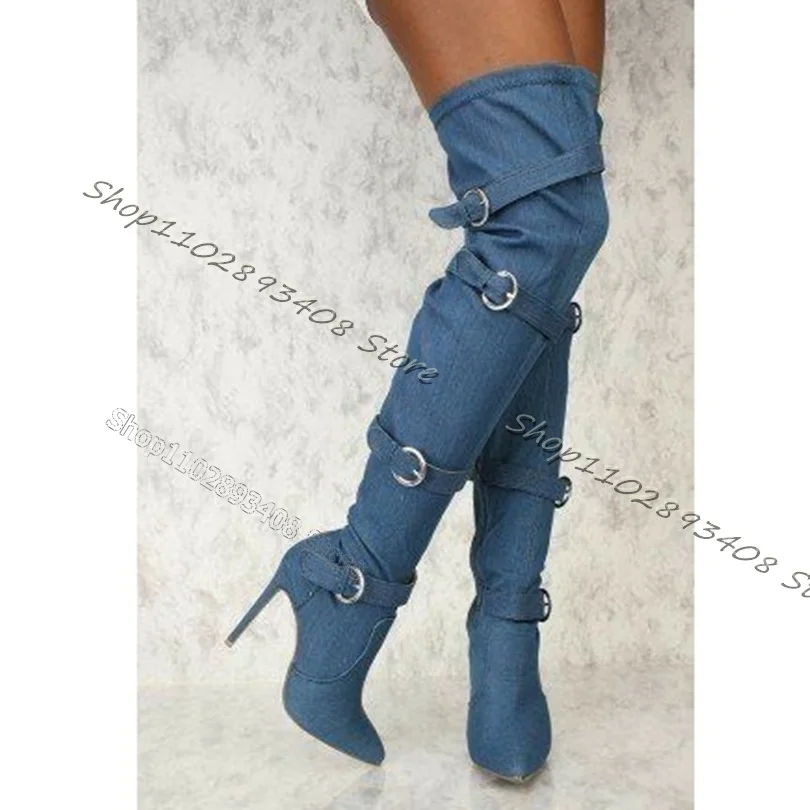 Denim Belt Buckle Stiletto Knee Boots Side Zipper High Heels Pointed Toe British Style Boots for Women Shoes Zapatos Para Mujere