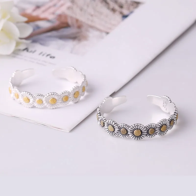 

S925 sterling silver daisy bracelet women's korean style simple stylish forest style open braceletinstrendy niche hand jewelry