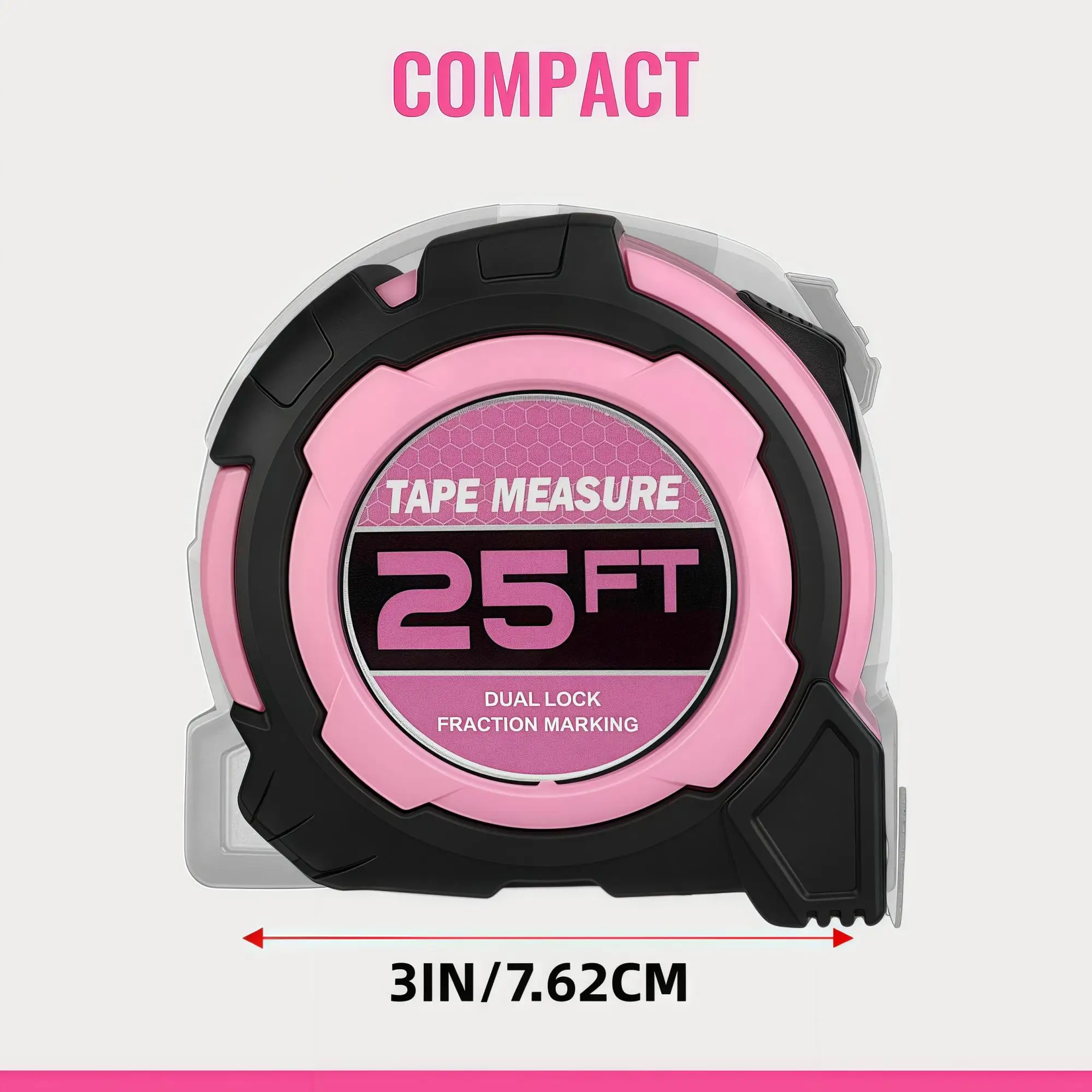 25FT Rosa Maßband mit Doppelskala (cm/Zoll), Einziehbares Nylon-Messband mit Magnethaken und Gürtelclip für Heimwerker – Detail 2