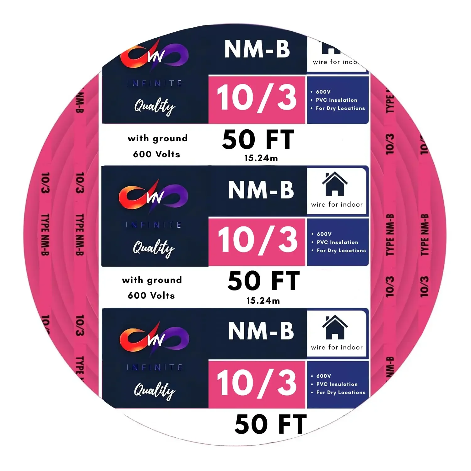 

10/3 NM-B Copper Electrical Wire 10 Gauge, 3 Conductors with Groun Non-Mettalic, Sheathed Cable, Residential Indoor Pink 50 FT