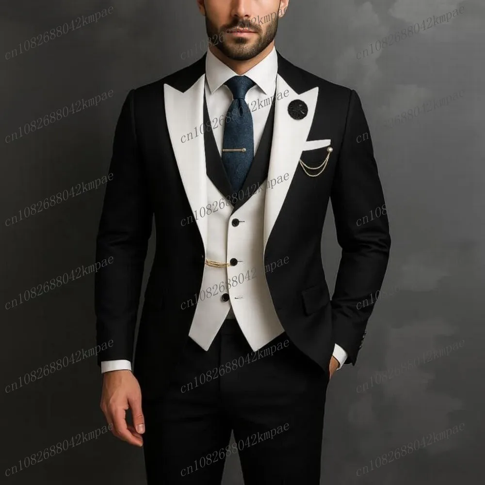 

Black And White Formal Men Suit Groom Groomsman Wedding Party Prom Business Male Tuxedos 3 Piece Set Blazer Vest Pants