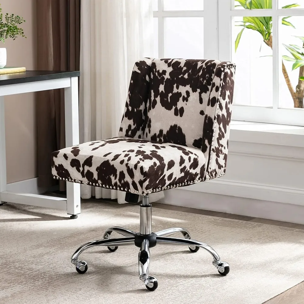 Adjustable Swivel Fabric Chair for Home Office and Living Spaces: Armless Upholstered Accent Chair with Cow Print