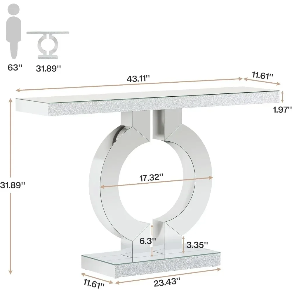 43-Inch Mirrored Console Table with O-Shaped Base, Modern Entryway Table Glass Sofa Table with Mirror Finish for Living Room