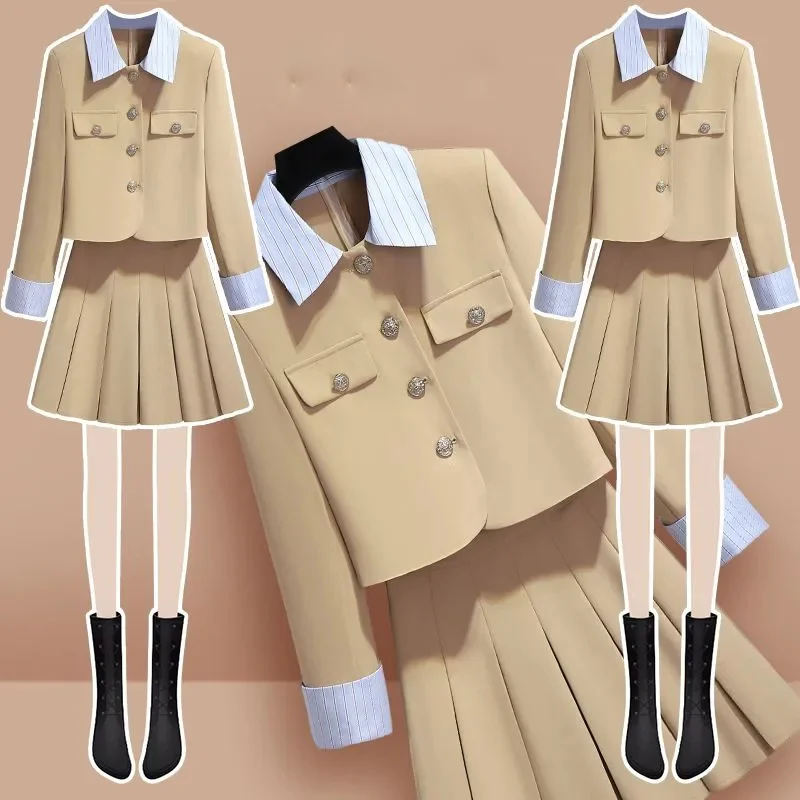 Spring Autumn Skirt Suits Women 2024 New Jacket Skirts Two-Piece Suit Fashion Single-Breasted Coat Pleated Skirt Sets Female