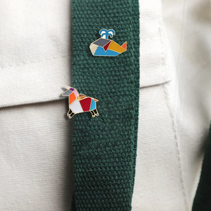 Rabbit Elephant Whale Penguin Crane Bear Enamel Brooch Bag Clothes Metal Lapel Pins Badges Jewelry Colorful Origami Splicing Pin