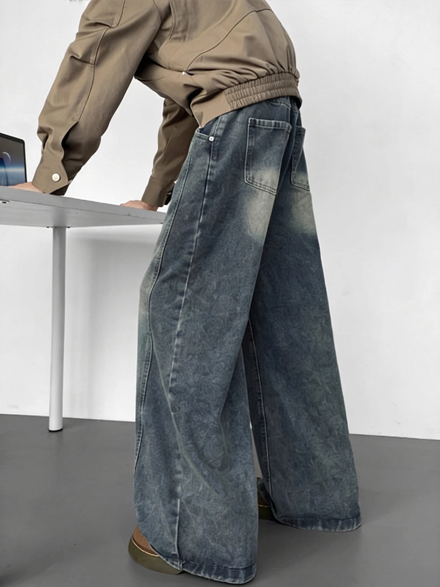 

Retro American Waed Denim Jeans Men Women Winter Loose Wide Leg Long Pants Cleanfit Floor Length Trousers Casual Cotton Pol...