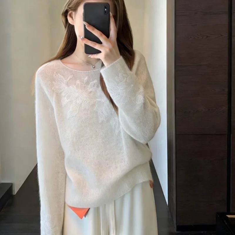 Chic Design Knitted Pullover Korean Fashion Lace Embroidery Mesh Micro Transparent Sweater Women Spring Autumn Jumper Tops New