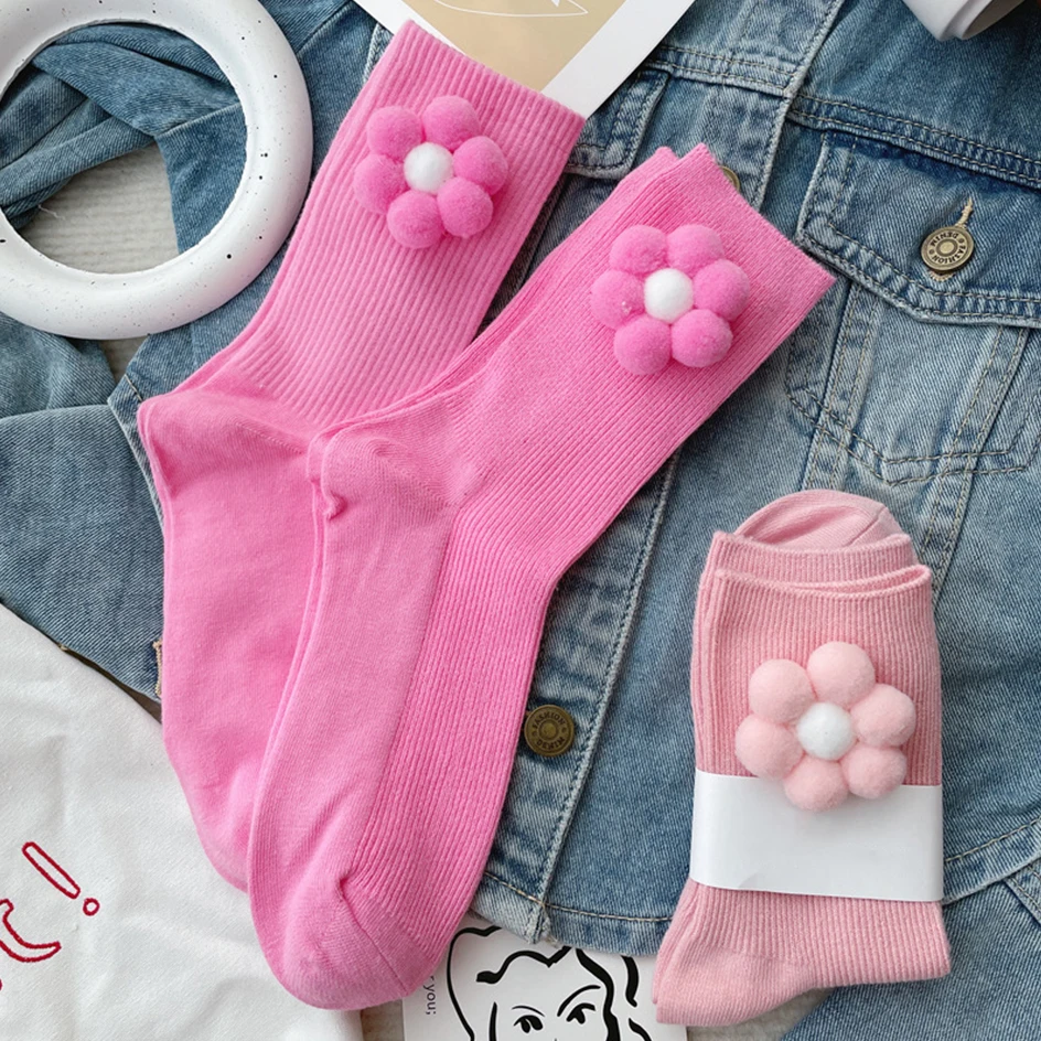 Sweet Plush Flower Socks Women Kawaii Rose Red Socks Female Fashion Pink Stockings Girl Cute Harajuku Autumn Winter Cotton Socks